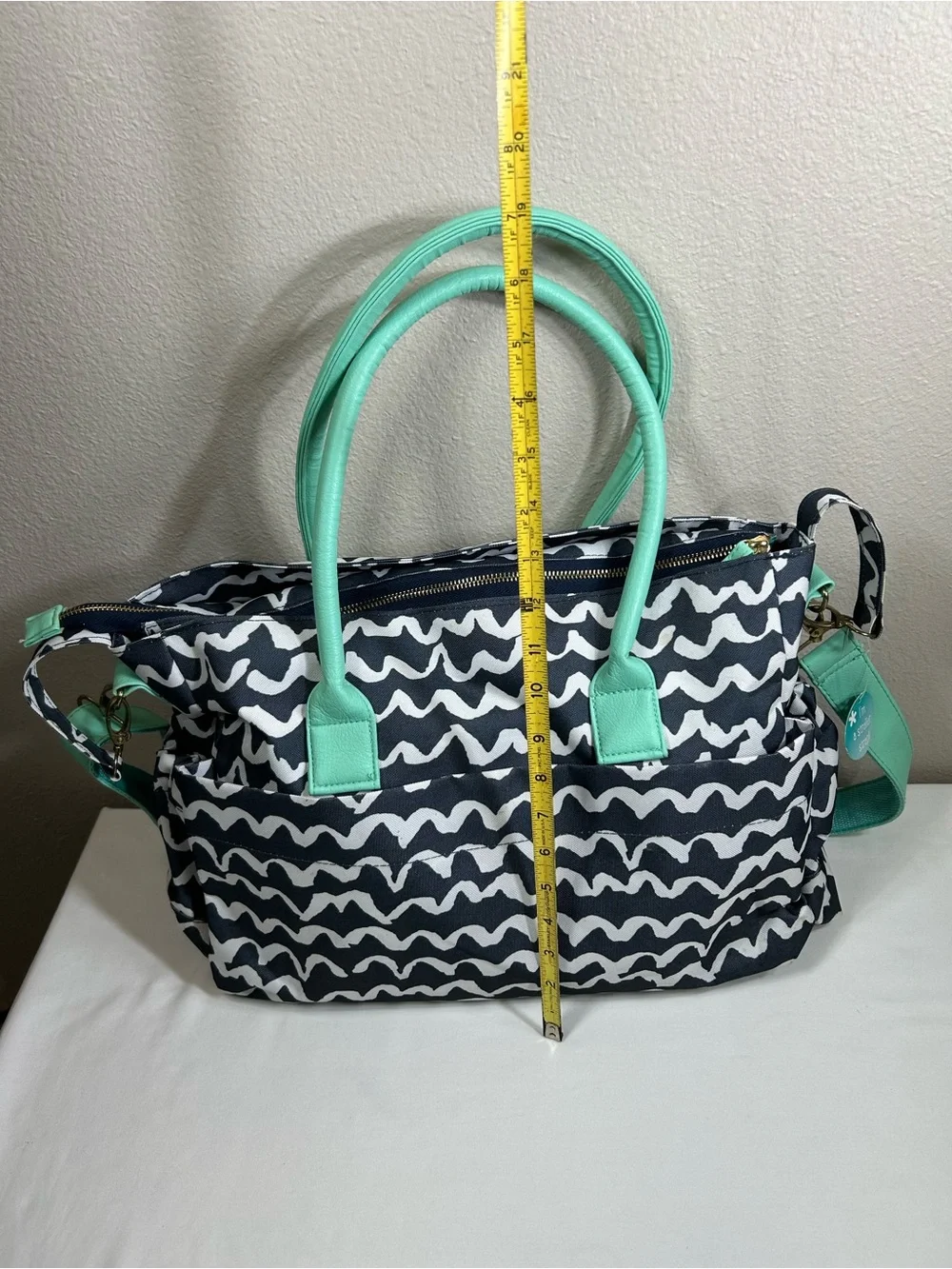 Teal Navy Wave Pattern Multi Pockets Complete Diaper Stroller Strap Tote Bag